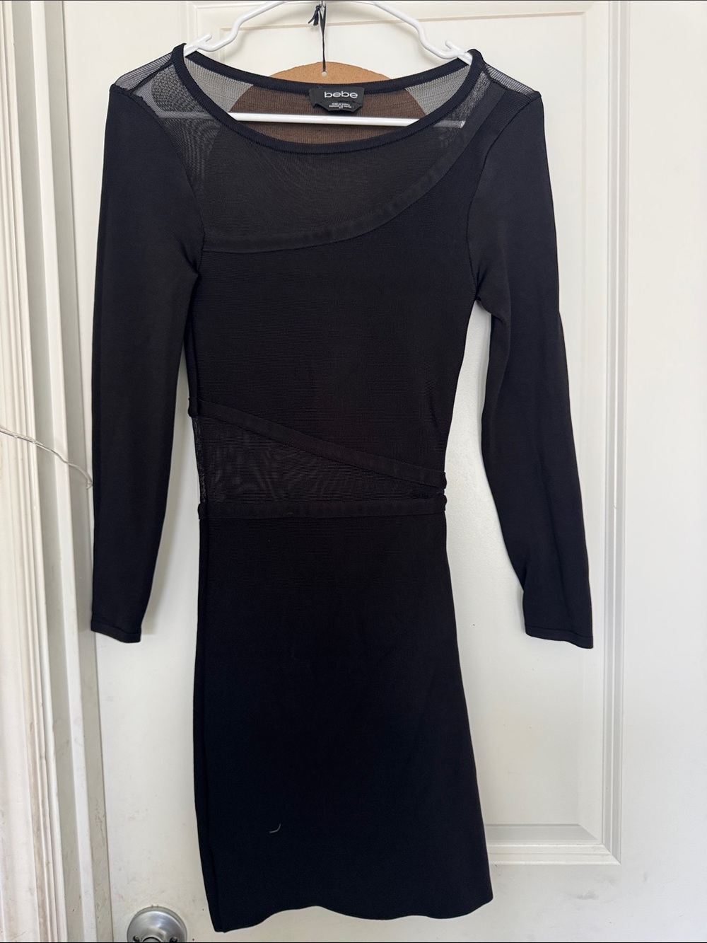 bebe Black Long-Sleeve Mesh Inset Sheath Dress